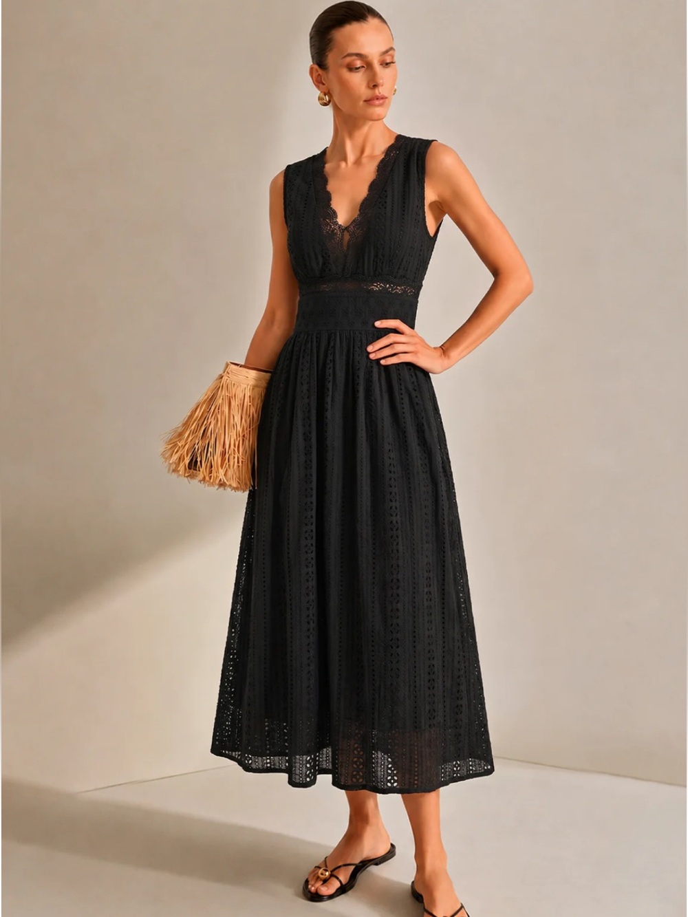 NWT Commense Sleeveless Black Eyelet Midi Dress with V-Neck